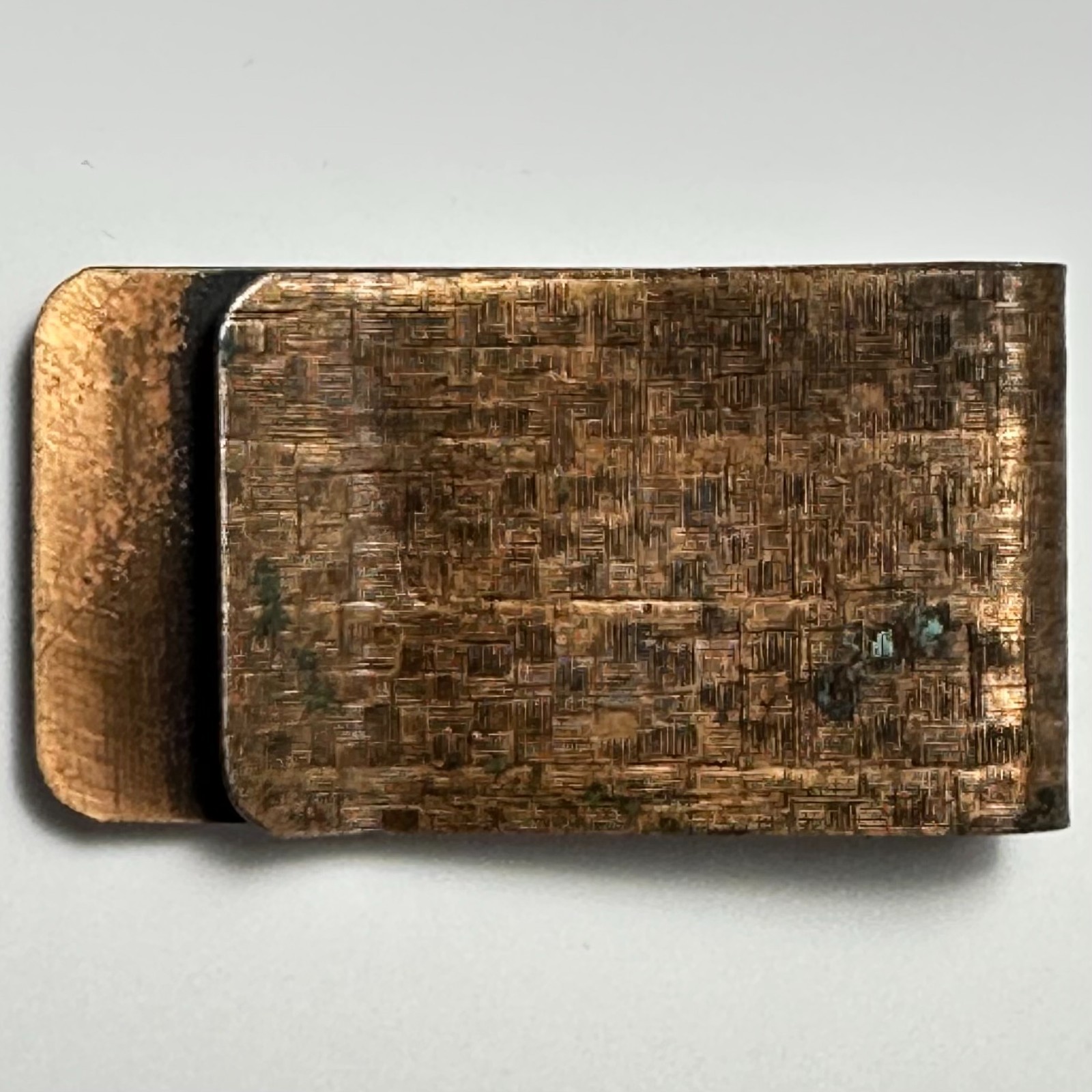Swanson Spreader Lindenwood IL 1960s Copper Money Clip 1×1.75&Prime;