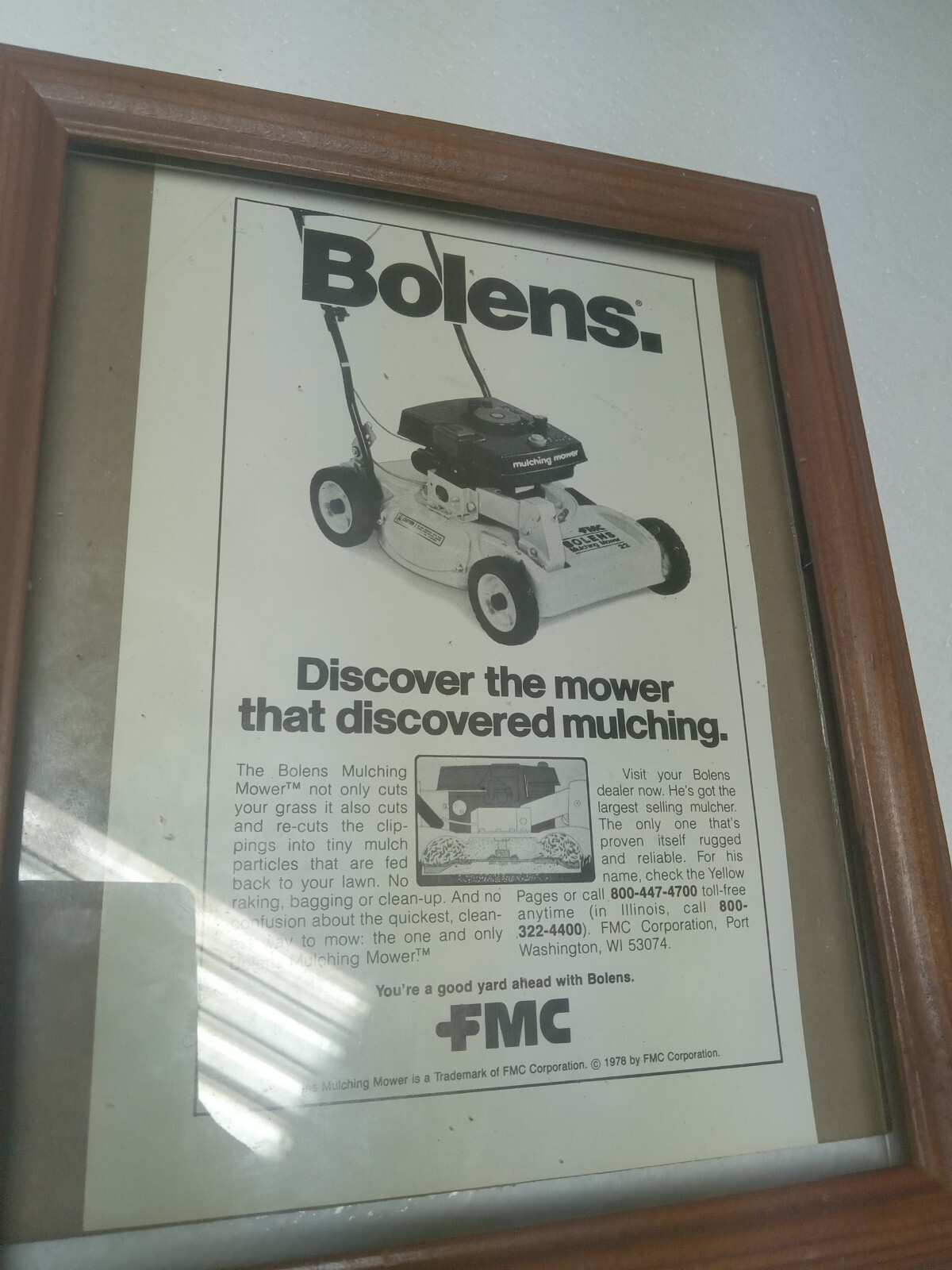 Bolens Mulching Lawn Mower Print Ad 1970s In Vntge 8×10&Prime; Frame A Good Yard Ahead
