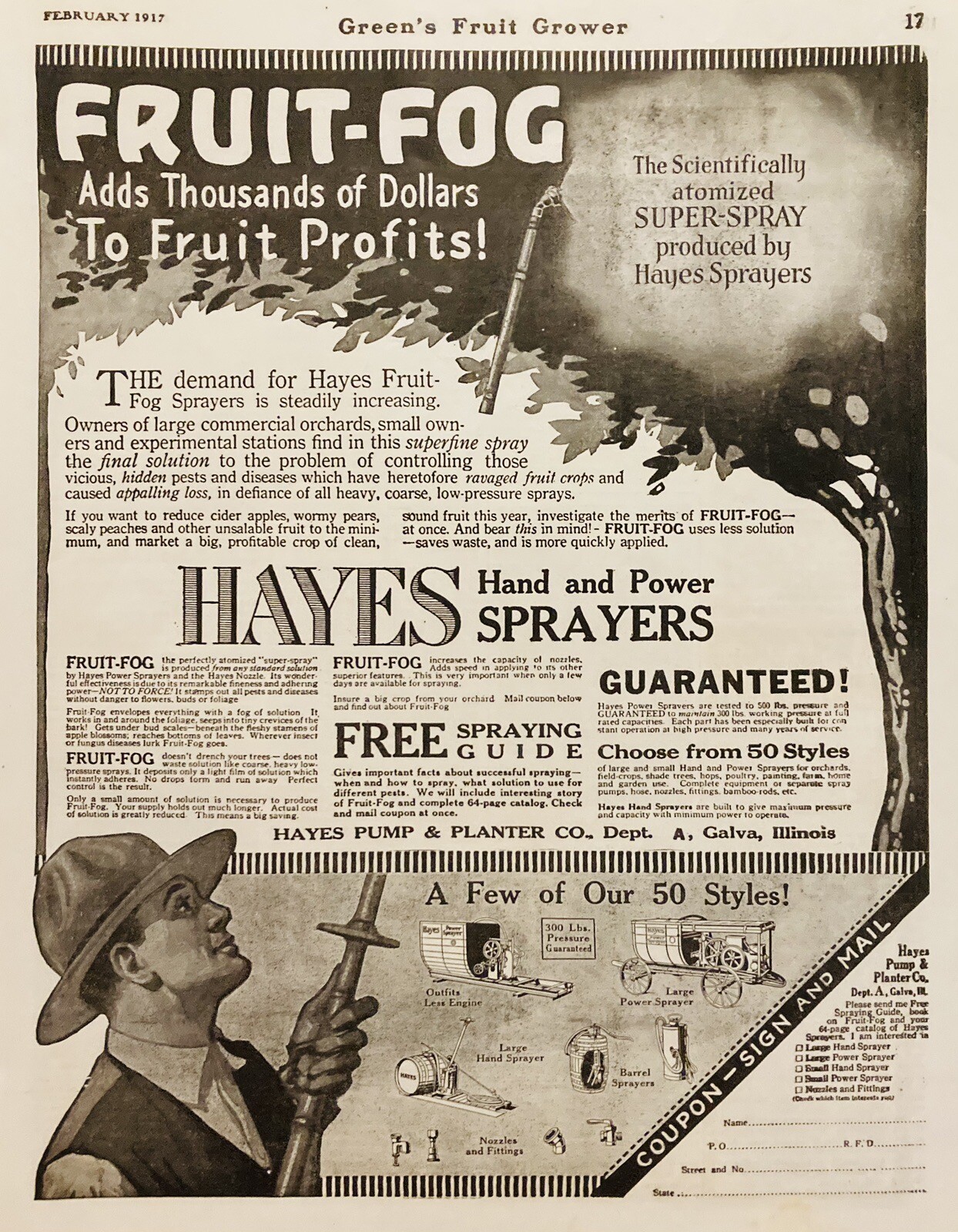 1917 AD.(XH71)~HAYES PUMP & PLANTER CO. GALVA, ILL. HAYES HAND & POWER SPRAYERS