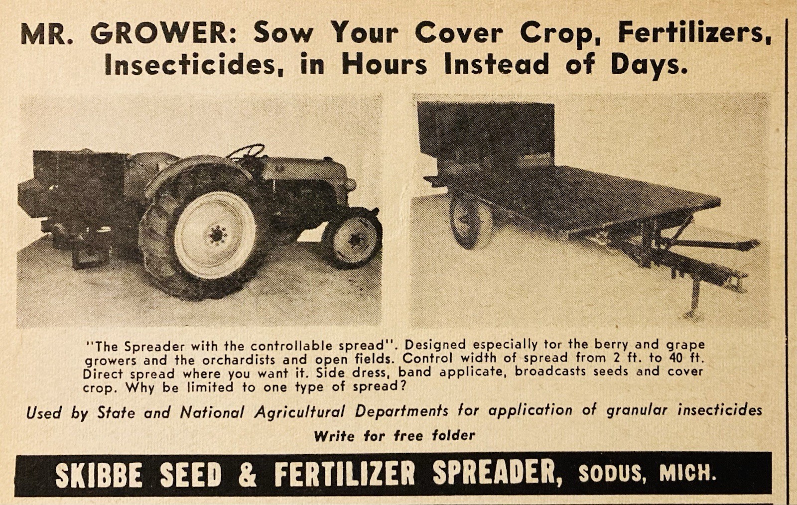 1957 AD.(PC6)~SKIBBE SEED & FERTILIZER SPREADER CO. SODUS, MI. FARM MACHINERY