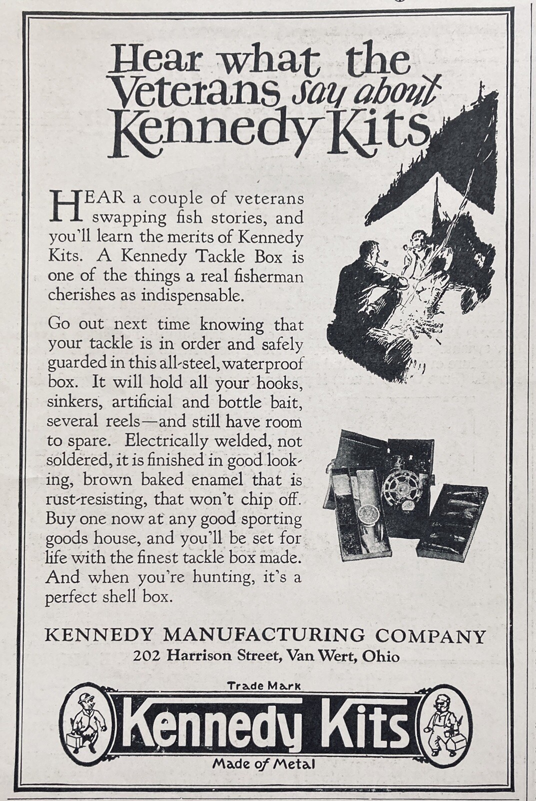 1924 AD(XF6)~KENNEDY MFG. CO. VAN WERT, OHIO. KENNEDY METAL FISHING TACKLE BOX