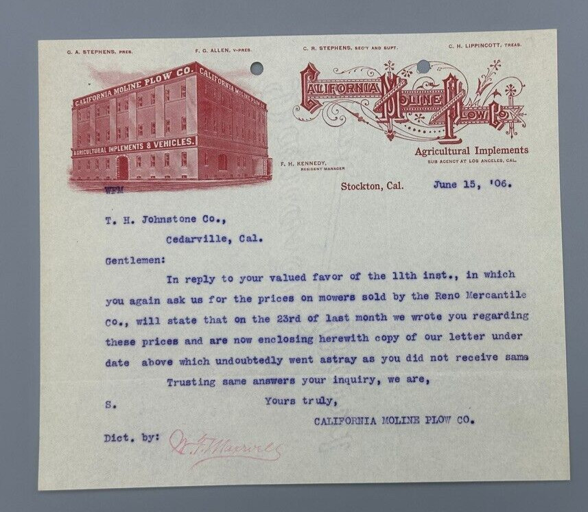 1906 CALIFORNIA MOLINE PLOW Co FARM Advertising Letter STOCKTON Antique