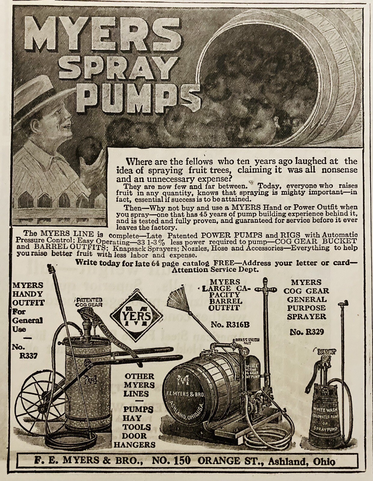 1917 AD.(XH71)~F.E. MYERS CO. ORANGE ST. ASHLAND, O. MYERS ORCHARD SPRAY PUMPS