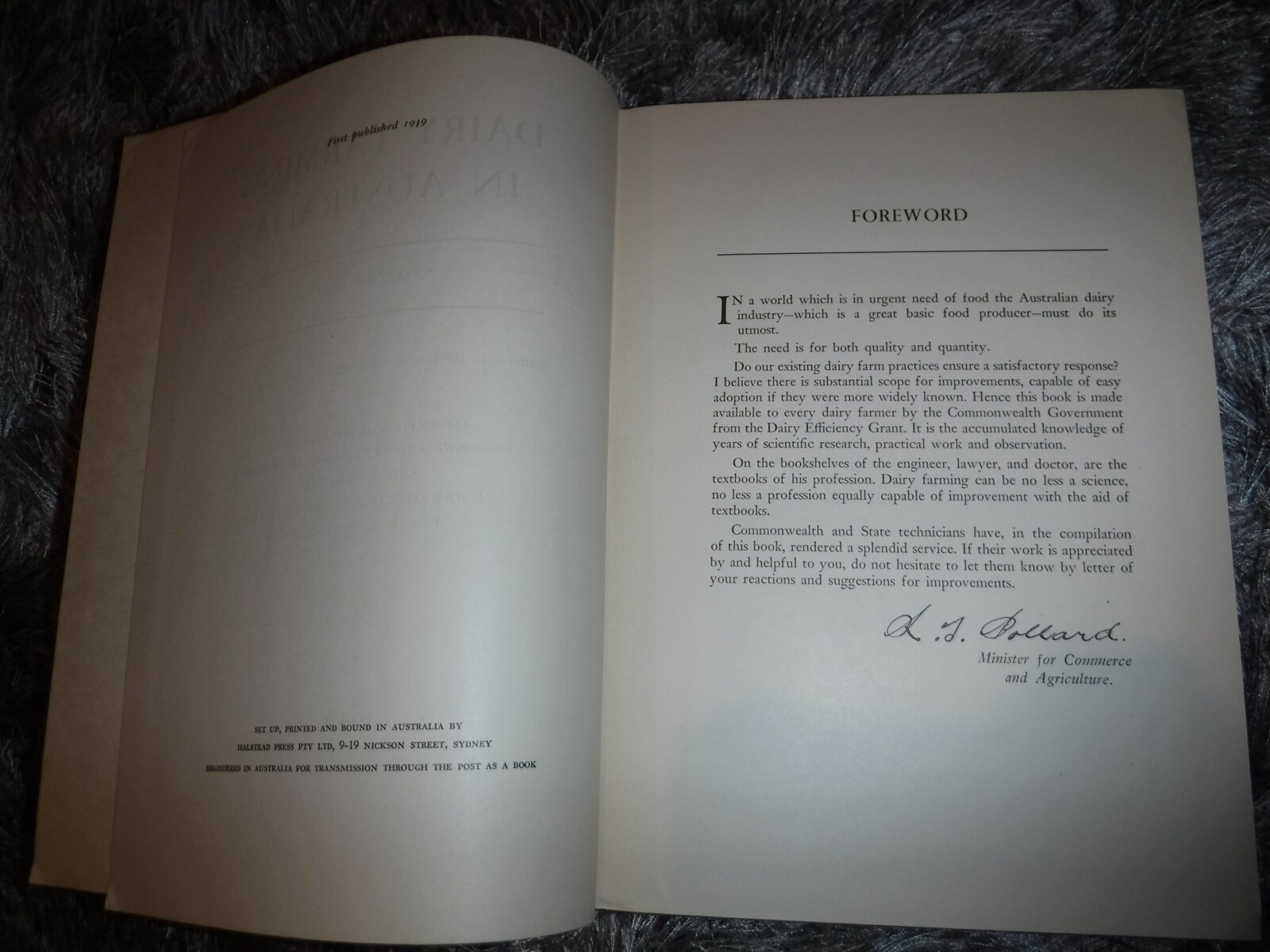 DAIRY FARMING IN AUSTRALIA – VICTORIAN ED VINTAGE 1949 BY HON. R T POLLARD