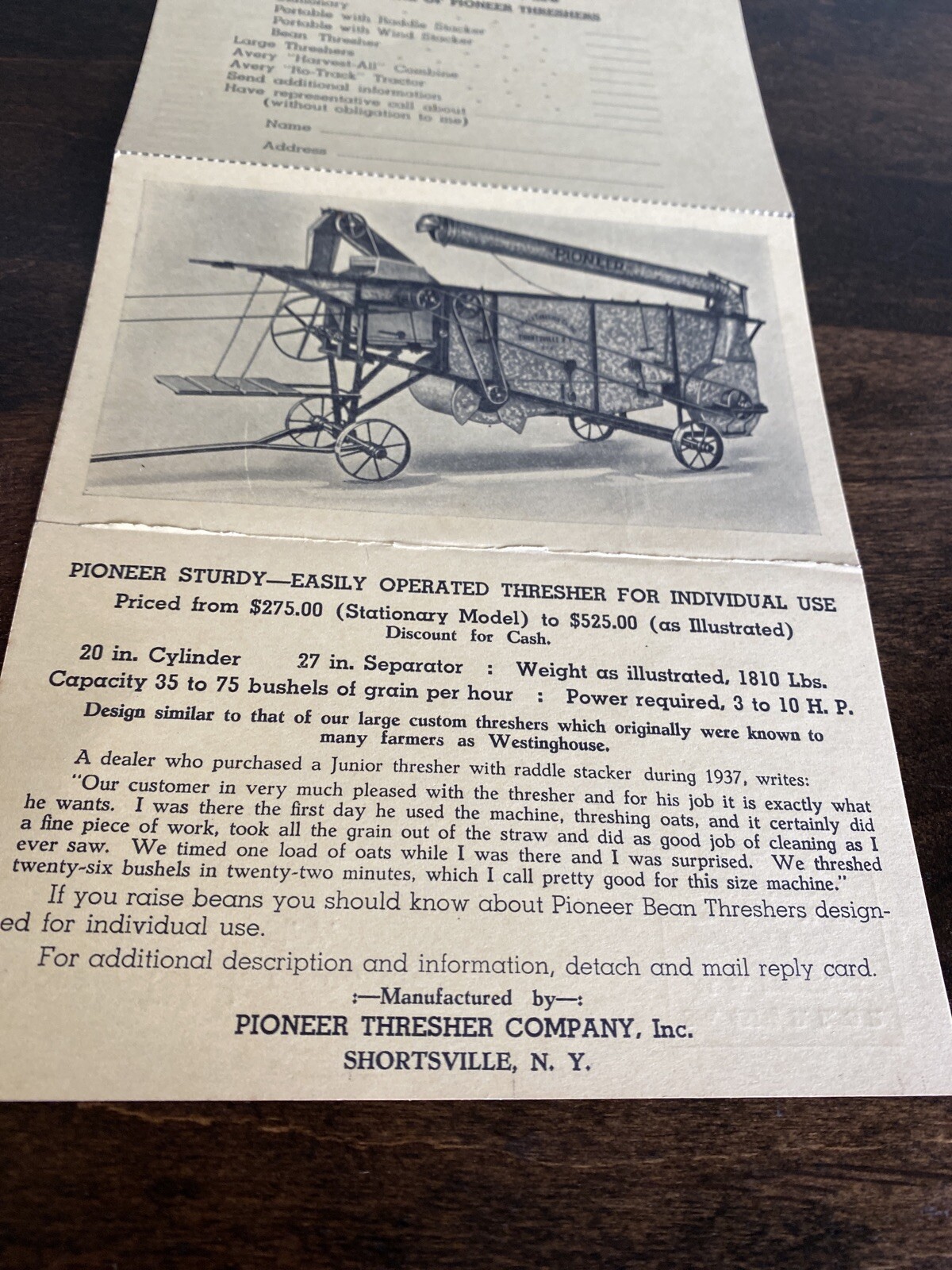Vintage Advertisement Pioneer Grain Thresher 1930s Brochure Reply Card