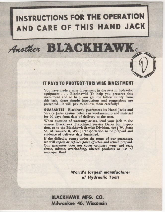 Vintage Farm Equipment Brochure Blackhawk Hydraulic Hand Jack – all paperwork