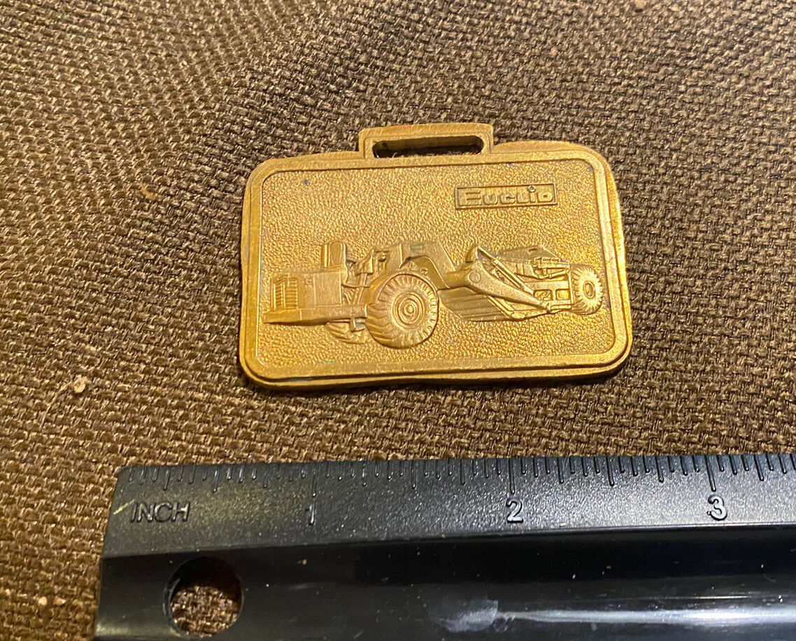 VINTAGE BRASS METAL EMBLEM WATCH FOB -EUCLID EARTH MOVING EQUIPMENT CONSTRUCTION