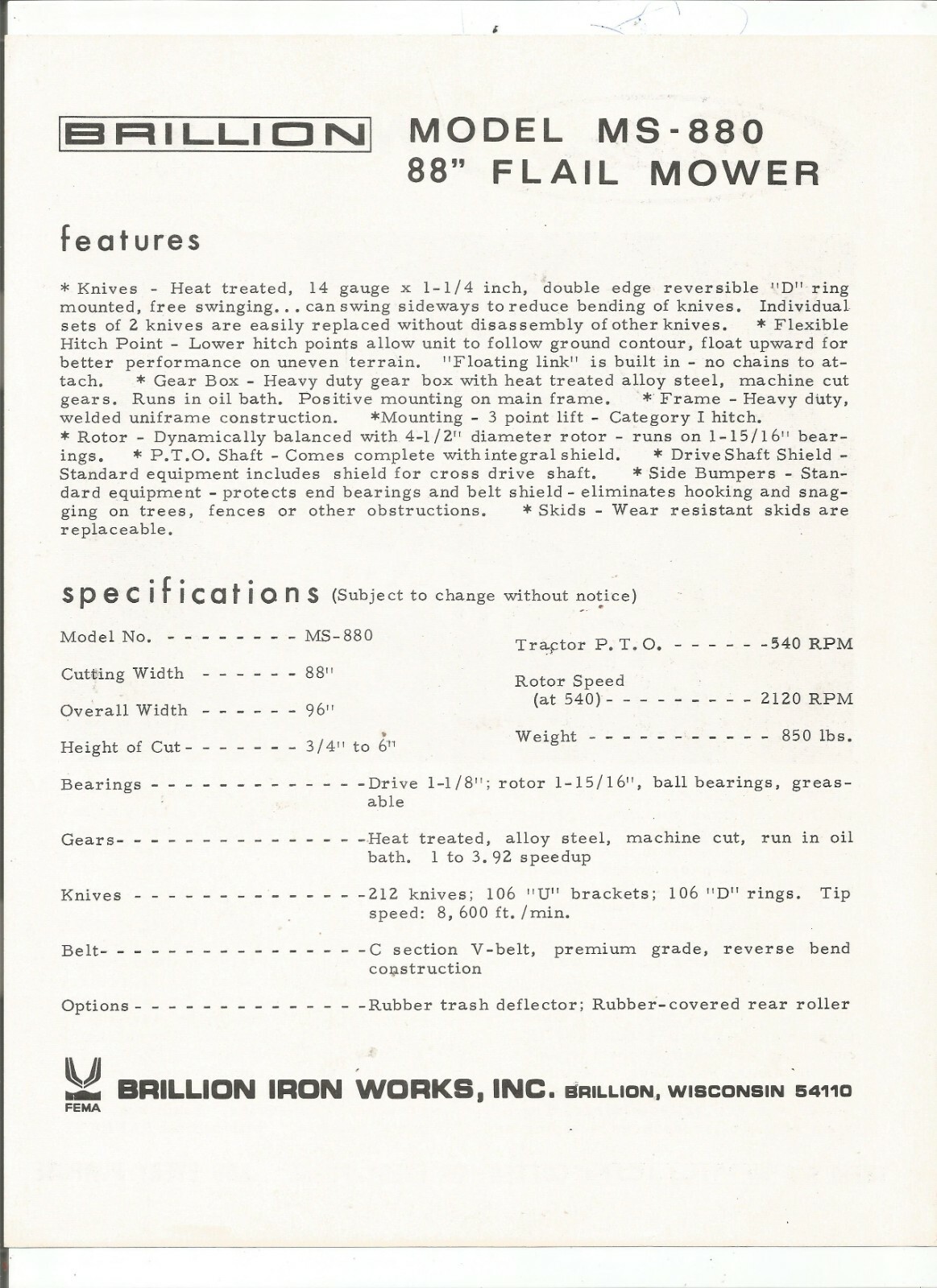 Original Brillion MS-880 Mow-Safe Flail Mower Sales Brochure Specification Sheet
