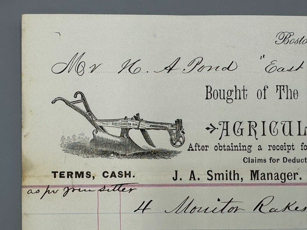 1881 HIGGANUM PLOW Advertising FARM Agricultural Implements Receipt BOSTON