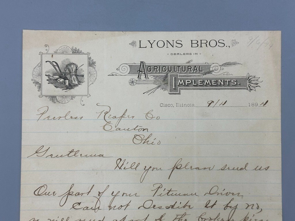 1894 Lyons Bros AGRICULTURAL IMPLEMENTS Farm Advertising Letter CISCO ILLINOIS
