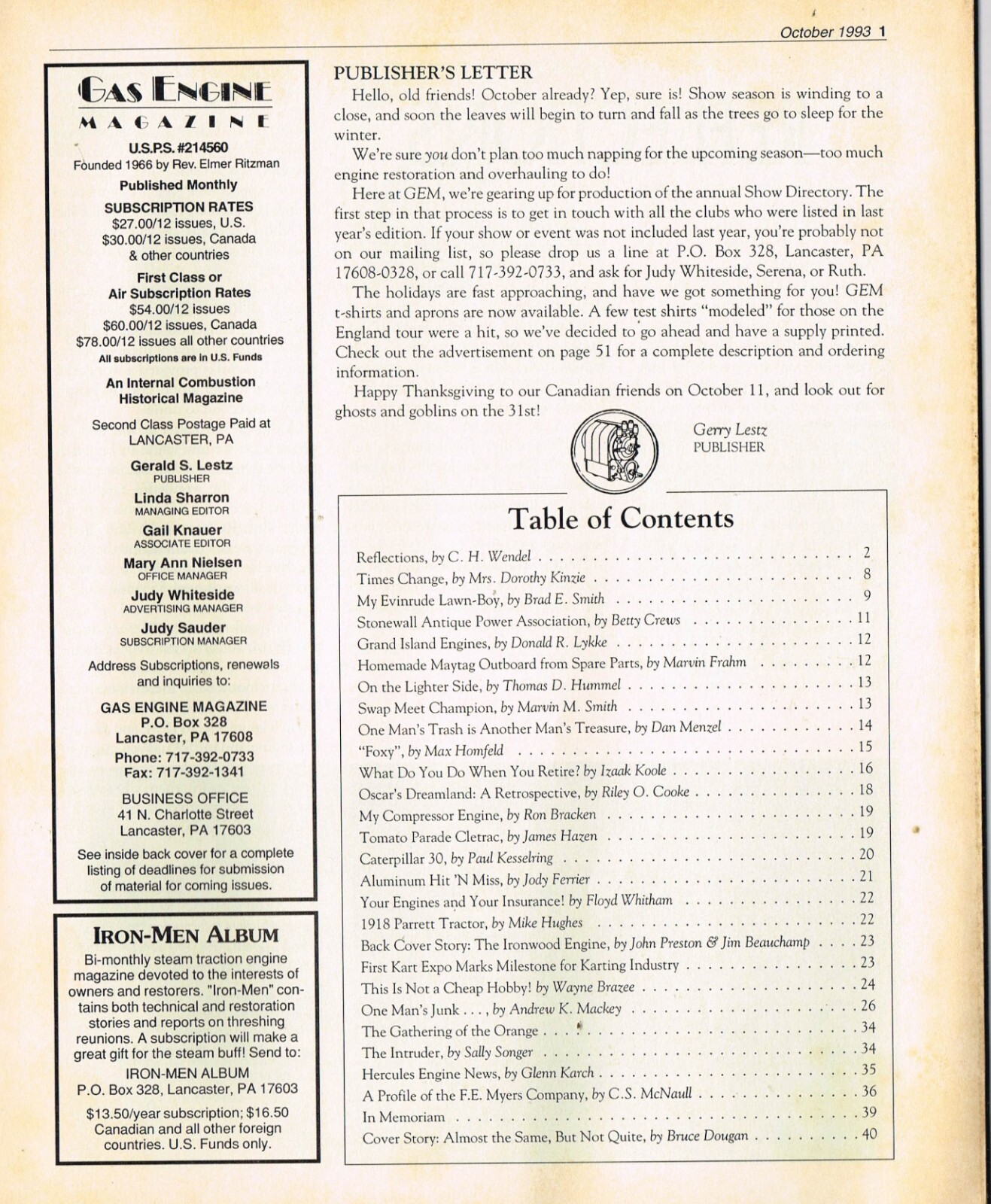 The GAS ENGINE magazine October 1993, Evinrude Lawn-Boy, Ironwood Engine?