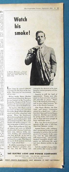 Original 1944 Light & Power Photo Endorsed Ad Harry Hartley of Versailles KY