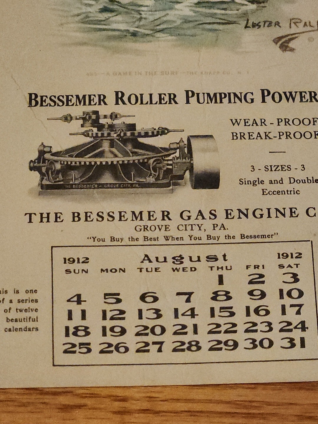 Bessemer Gas Engine Grove City PA Calendar August 1912 Advertising
