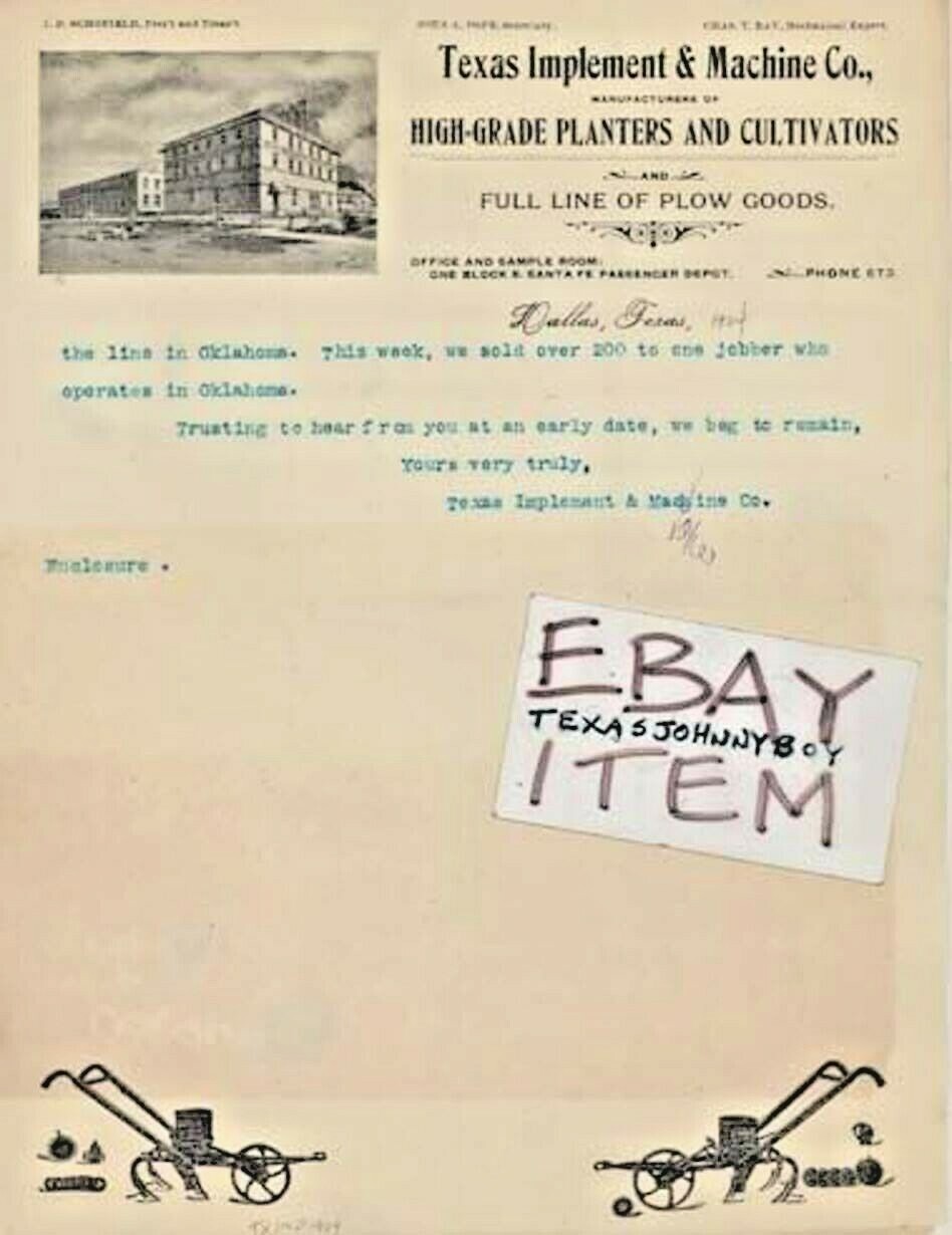 1904 LETTERHEAD DALLAS TEXAS JD SCHOFIELD JOHN POPE CHARLES RAY FARM MACHINERY