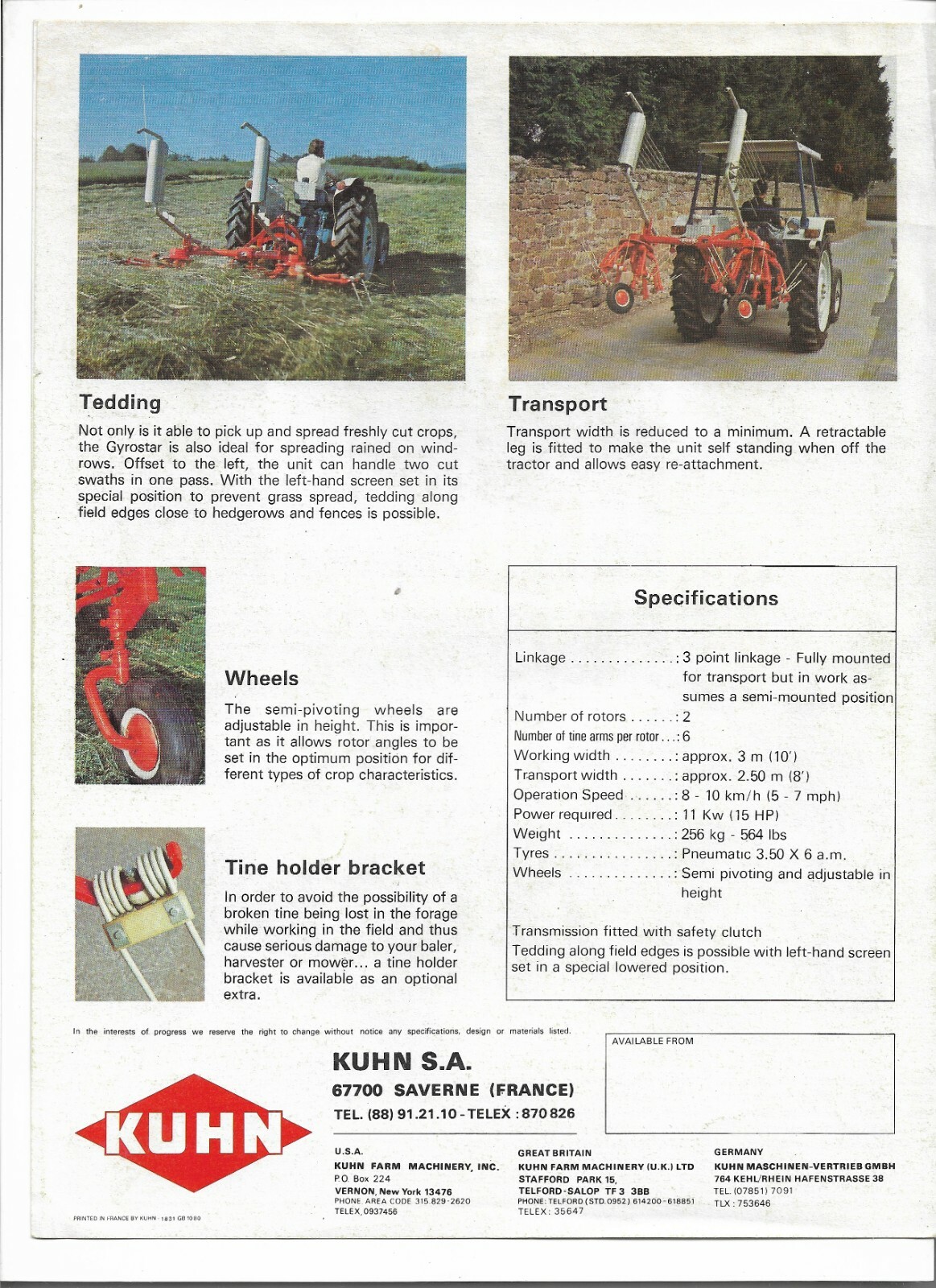 Original Kuhn Model GRS21 Gyrostar Tedder Rake Sales Brochure Form # 1831 GB1080
