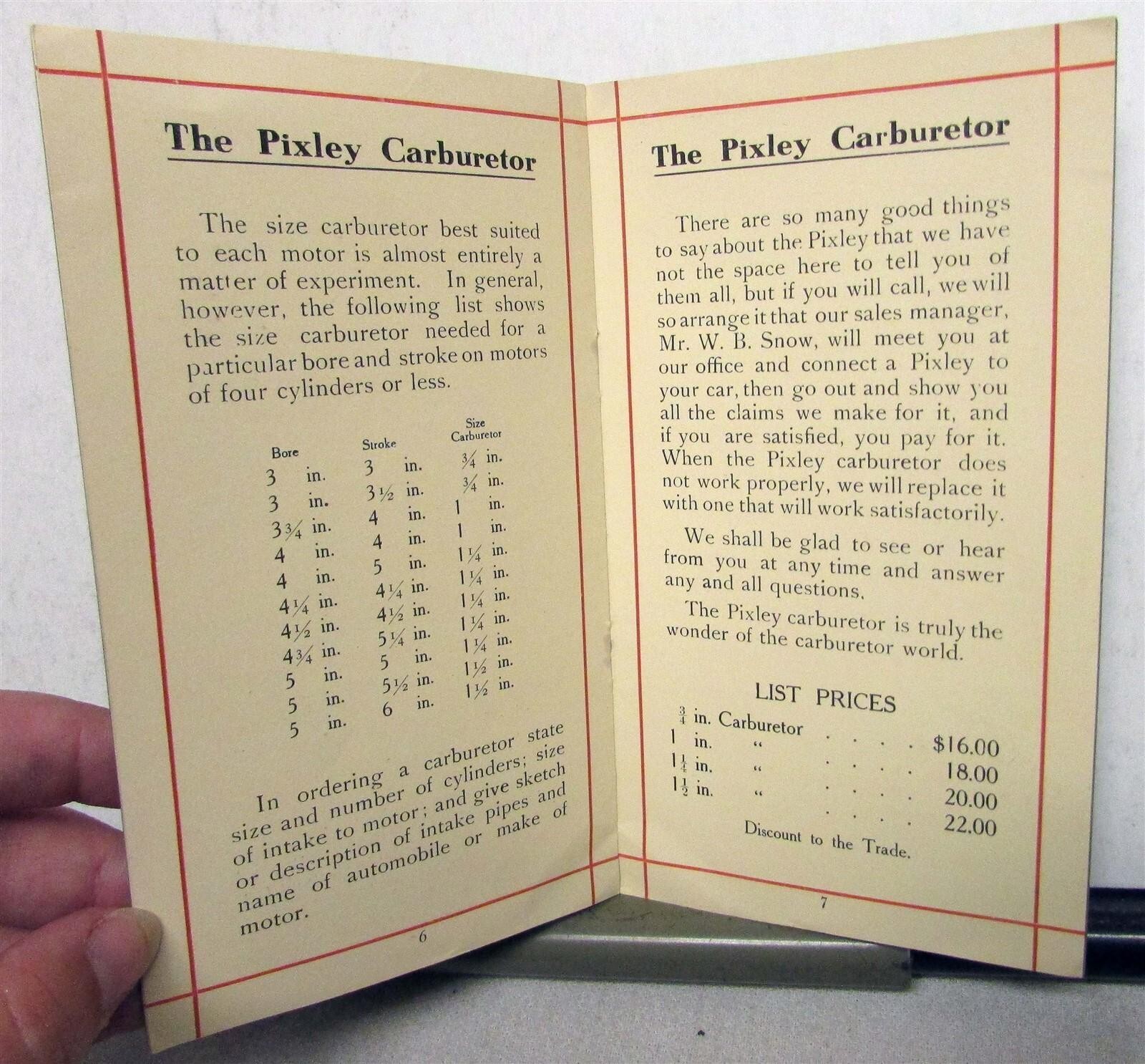 1910s-1920s Pixley Carburetors Diagrams Dimensions Pricing Sale Brochure Booklet