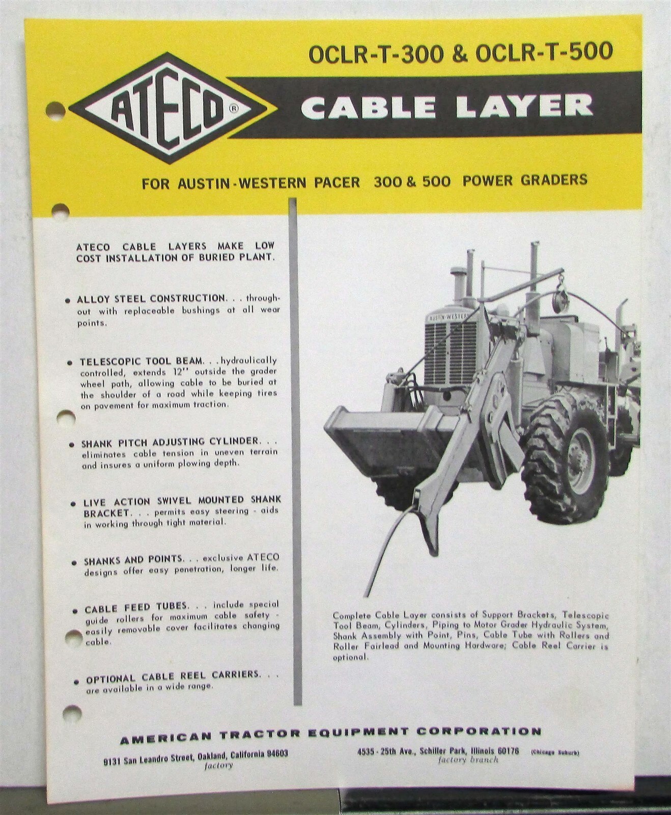 1966 ATECO Cable Layer T300 T500 Tractor Construction Specs Sales Data Sheet
