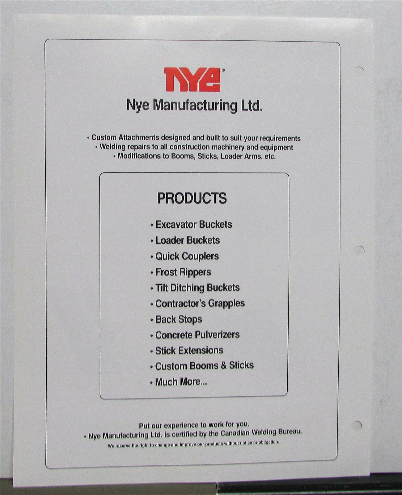 1992 NYE Quick Coupler System Construction Sales Sheet CANADIAN