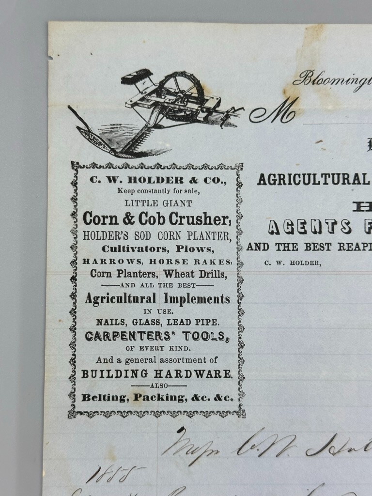 1855 CW Holder FARM Machinery IMPLEMENTS Advertising Ephemera BLOOMINGTON IL