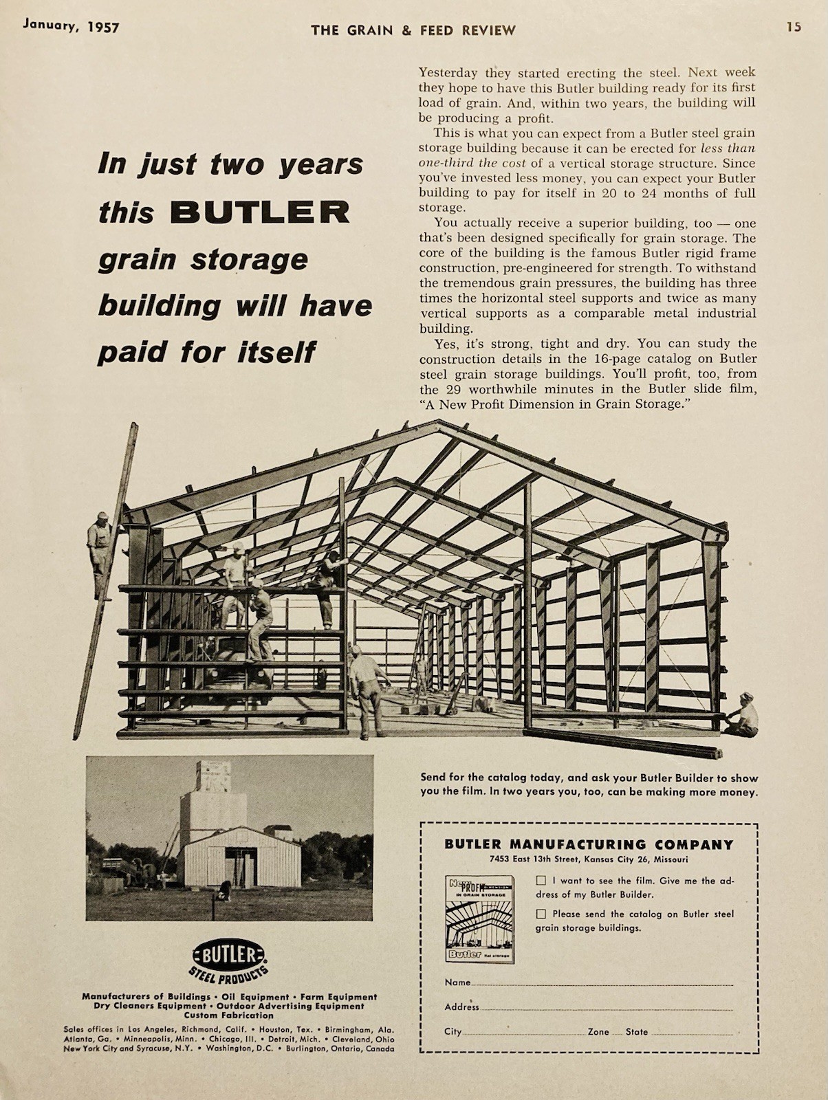 1957 AD.(XH84)~BUTLER MFG. CO. KANSAS CITY, MO. BUTLER GRAIN STORAGE BUILDINGS