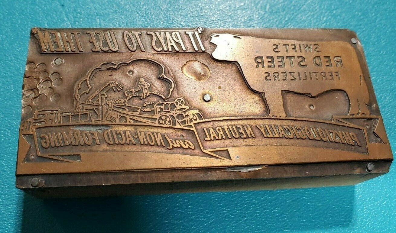 Vintage Swift Agent Fertilizer Farm Cattle Red Steer Copper PRINTING PLATE Block