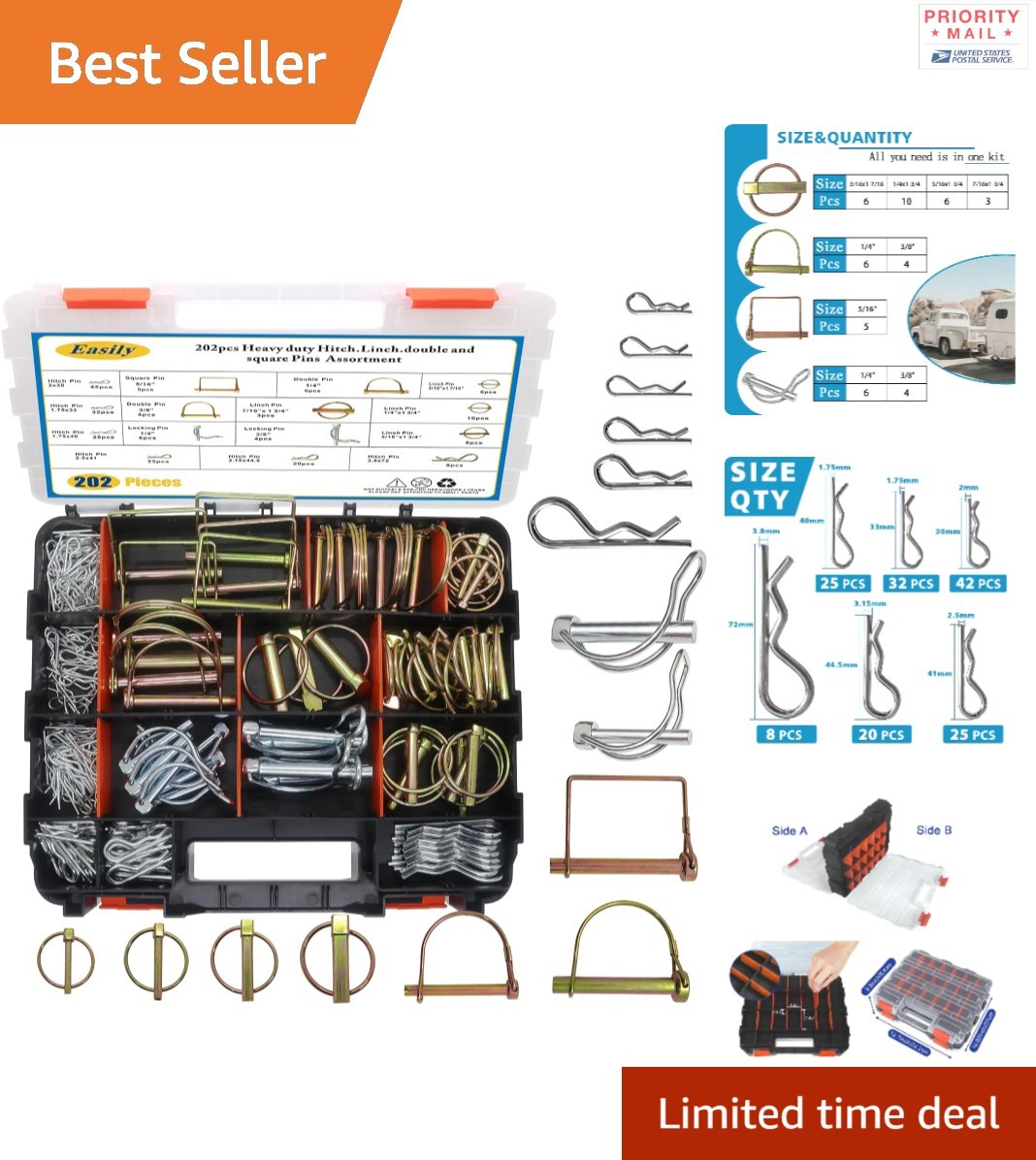 Zinc Plated Steel Hitch Pin Clip Kit 202 Pieces for Trailers Tractors Mowers
