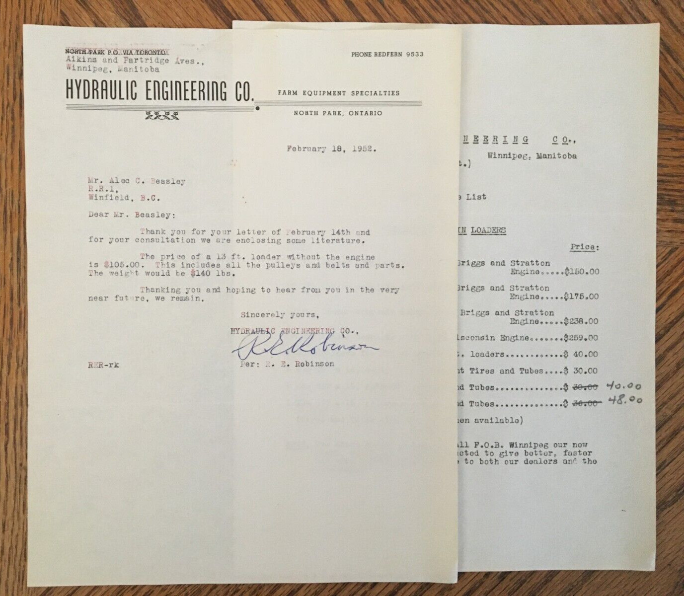 Hydraulic Engineering Farm Machinery Letter Receipt 1952 Kelowna BC Cattle Ranch