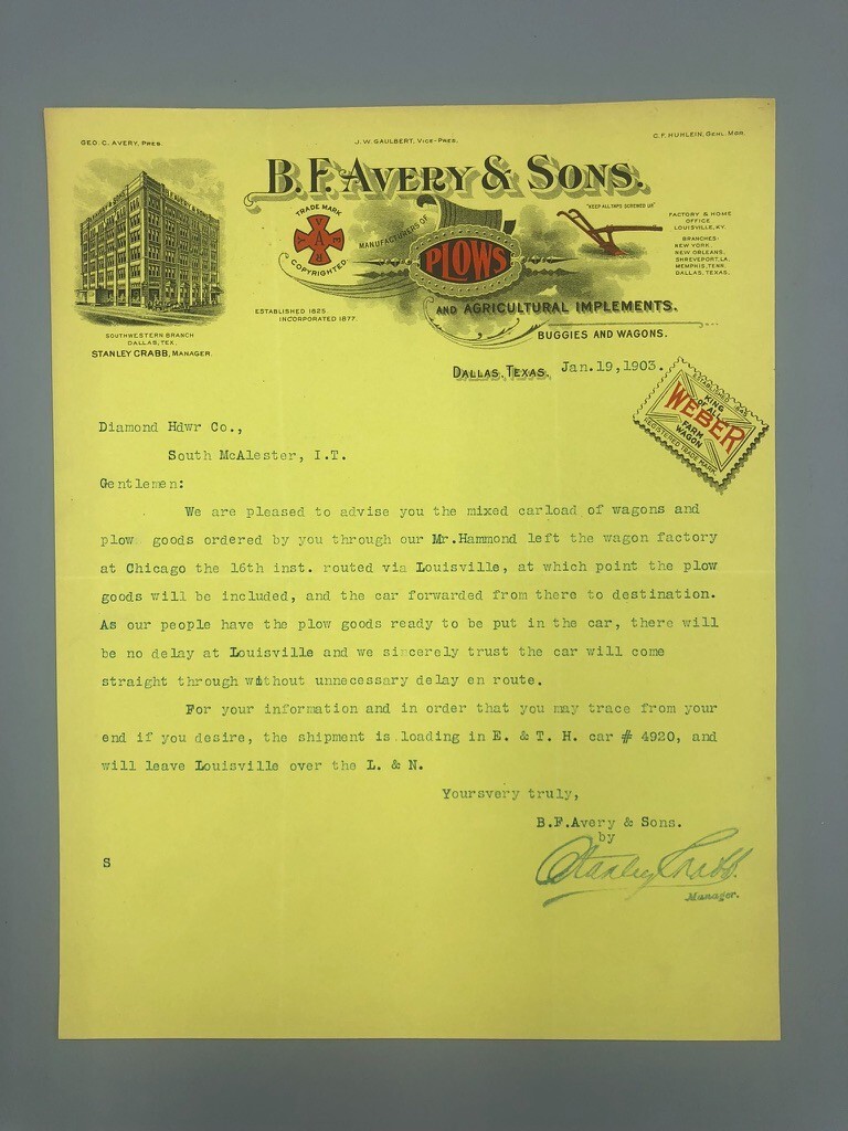1903 B F AVERY PLOWS Letter FARM Advertising DALLAS TEXAS Delivery by RAILROAD