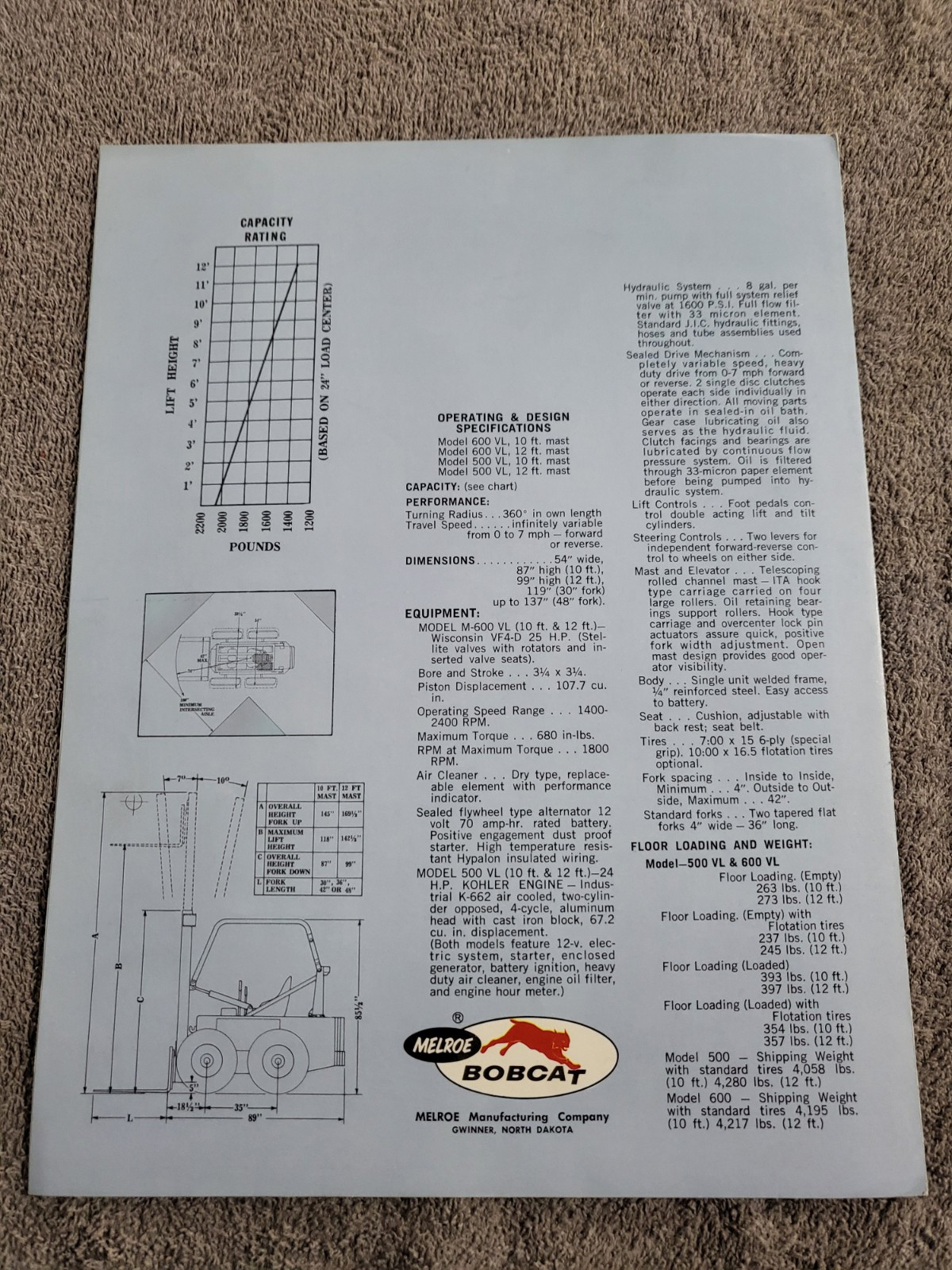 Vintage 1971 BROCHURE Melroe Bobcat Skid Steer Loader Fork Lift 500VL & 600VL
