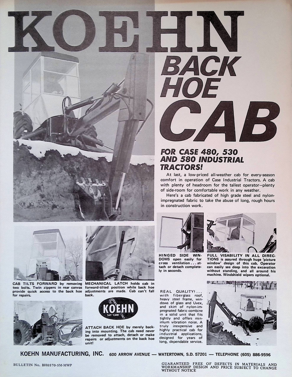 Vintage Farm Advertisement Spec Sheet KOEHN BACK HOE CAB FOR CASE TRACTORS