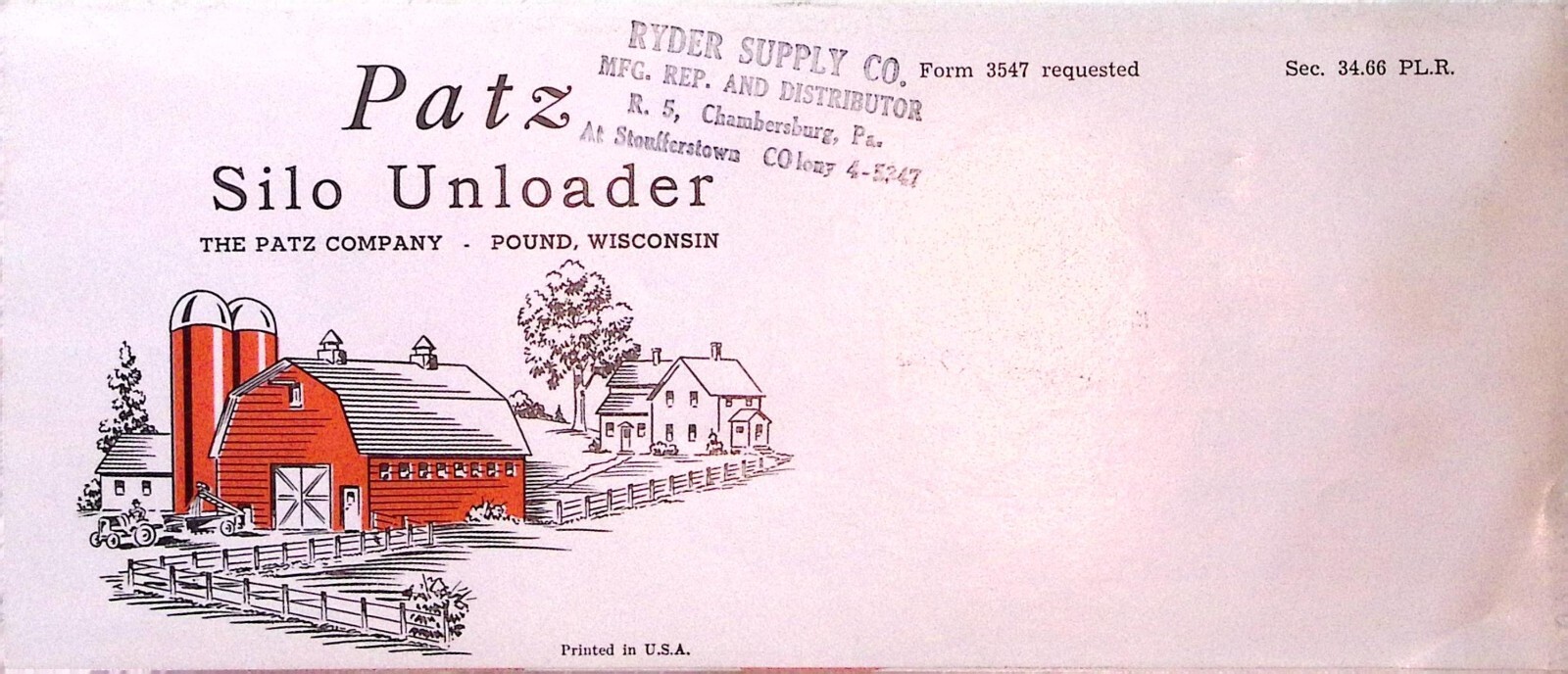 Patz Silo Unloader Advertising Mailing Farming Equipment The Patz Co. Wisconsin
