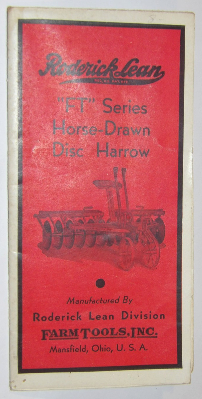 VTG 1938 RODERICK LEAN DISC HARROW ADVERTISING POSTER/BROCHURE! MANSFIELD, OH!