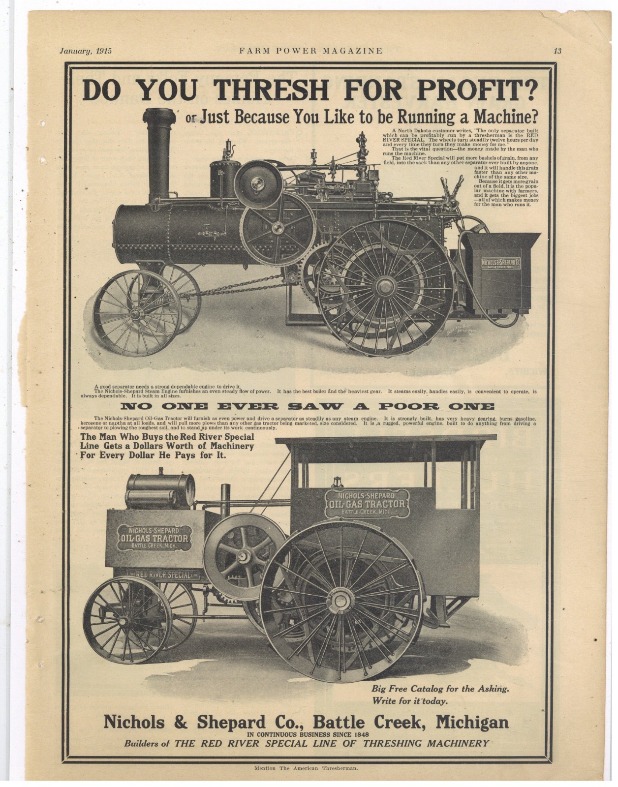 1915 Nichols & Shepard Co. of Battle Creek Michigan Ad: Steam & Oil Gas Tractors