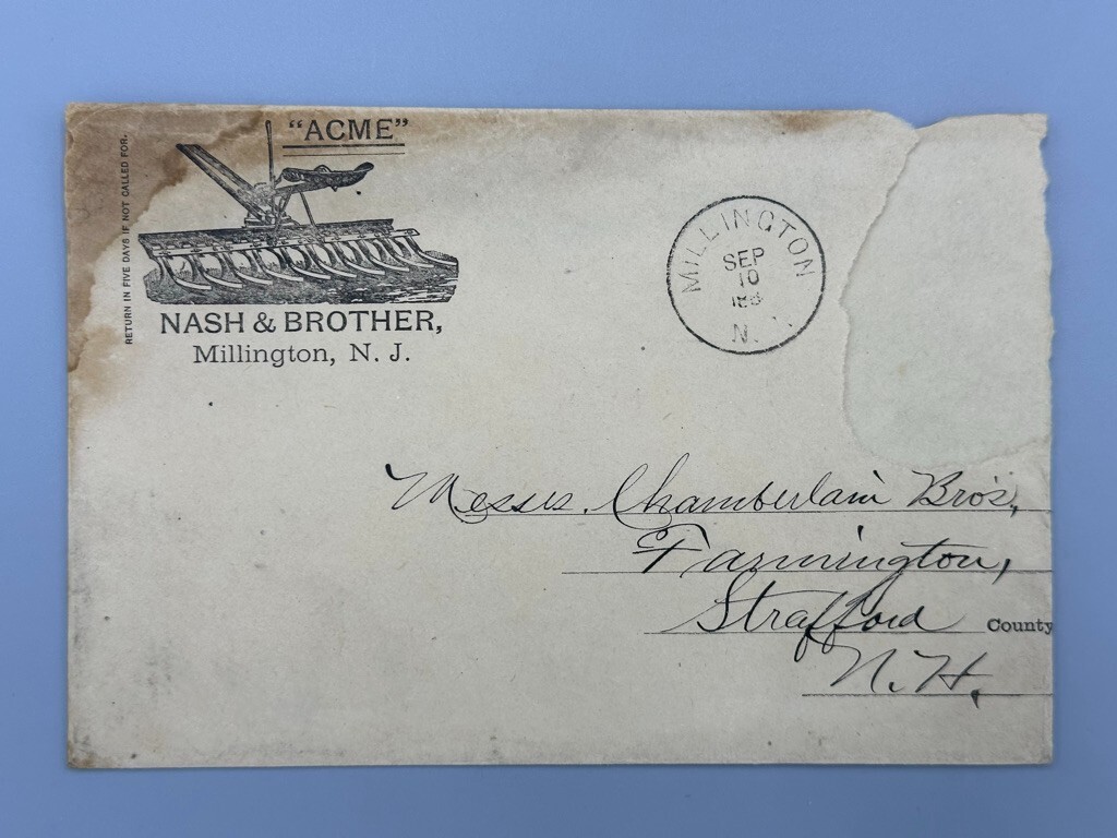 1880s ACME Nash & Brother MILLINGTON NJ Farm Advertising Envelope Partial
