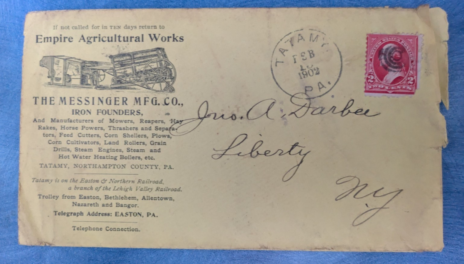 1902 Empire Agricultural Works Advertising Envelope Tatamy PA 2¢ Cover