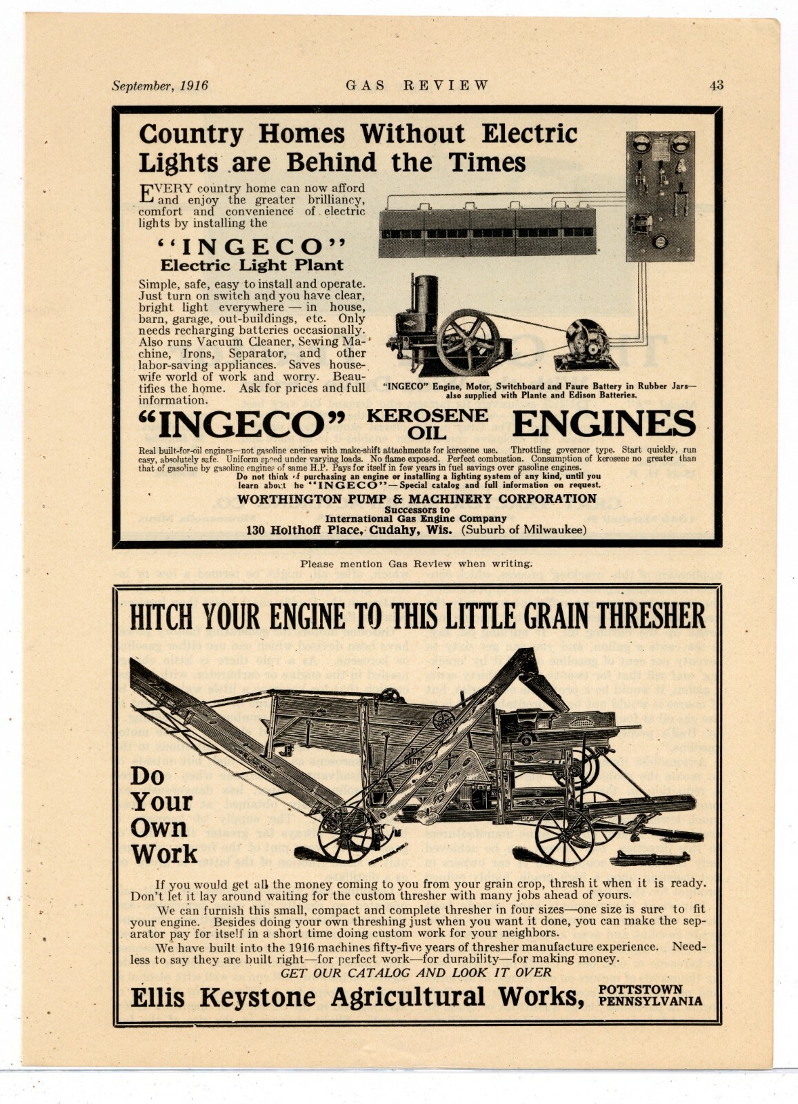 1916 INGECO Kerosene Engines & Ellis Keystone Thresher Ad. 2 on Same Page