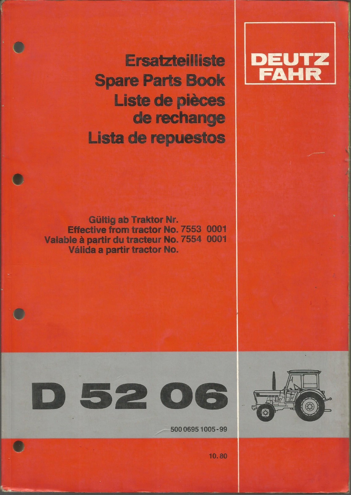 DEUTZ FAHR D 52 06 TRACTOR SPARE PARTS BOOK