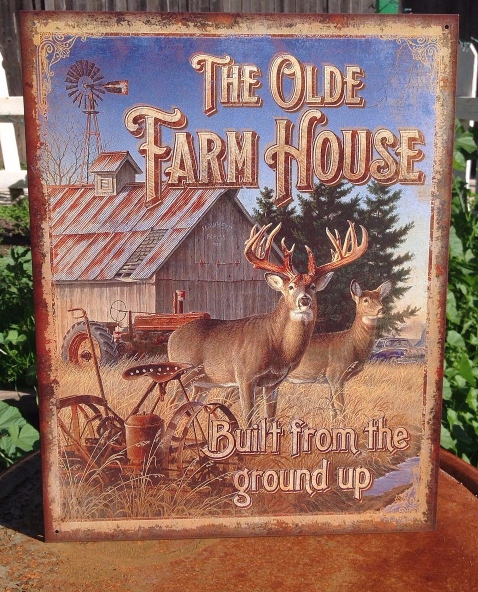 The Olde Farm House Built Ground Up Tractor Tin Metal Sign Garage Classic Deer