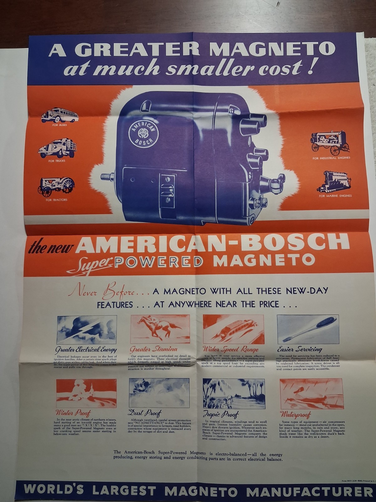 1936 AMERICAN BOSCH POWERED MAGNETO AGRICULTURE Poster Brochure 18&Prime;x24.8&Prime;