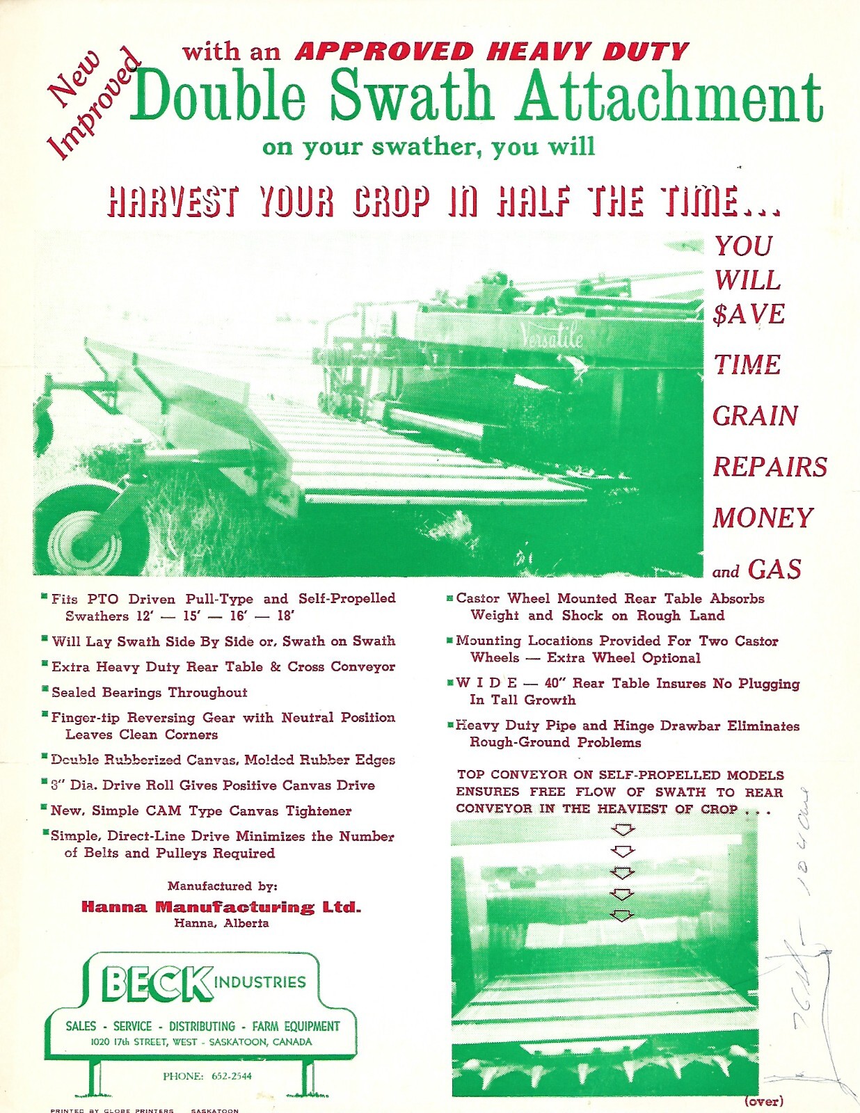 Farm Data Sheet Ad – Beck – Double Swath Attachment for Swather c1970&rsquo;s (F7946)