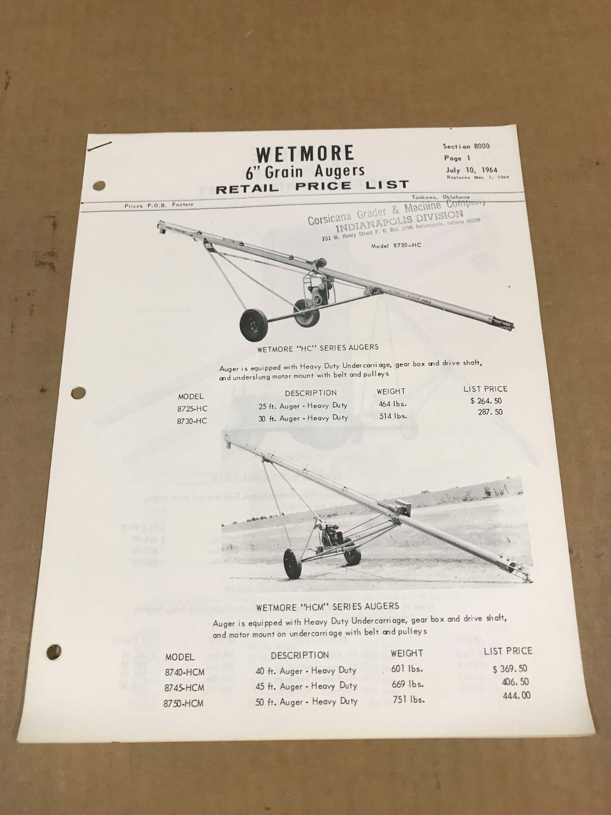 Vintage 1964 Wetmore 6&Prime; Grain Augers Retail Price List