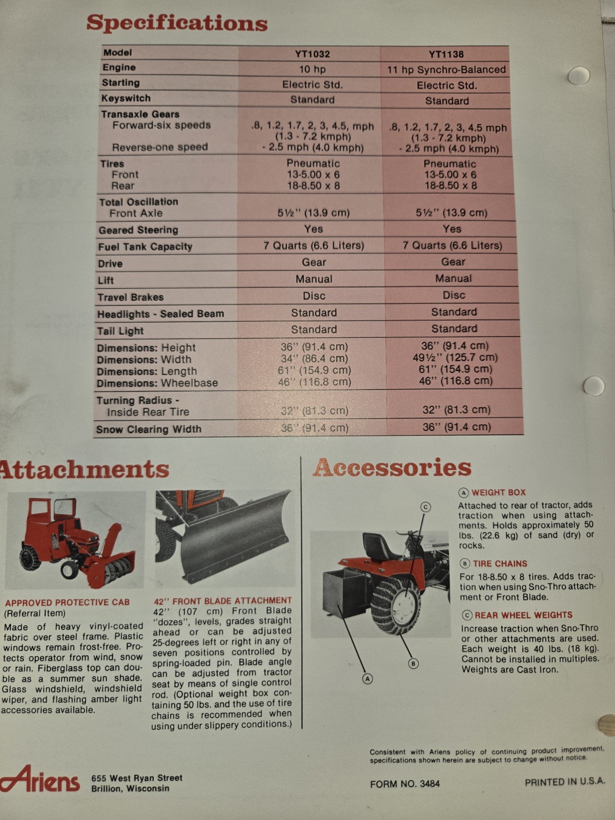 8 VINTAGE ARIENS DEALERSHIP ADVERTISING BROCHURES TRACTORS SNO-THROS