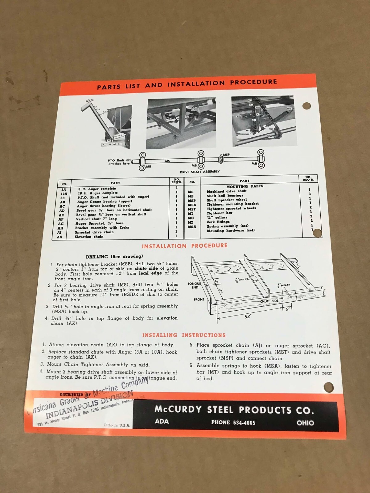 Vintage McCurdy Auger Conveyor Informational Flyer