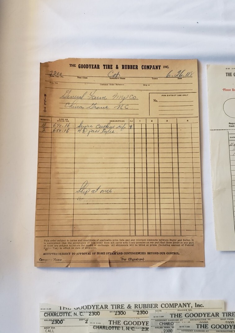 HUGE LOT of VINTAGE 1948 Goodyear Tire Rubber Invoice Tractor Farm Eq Concord NC