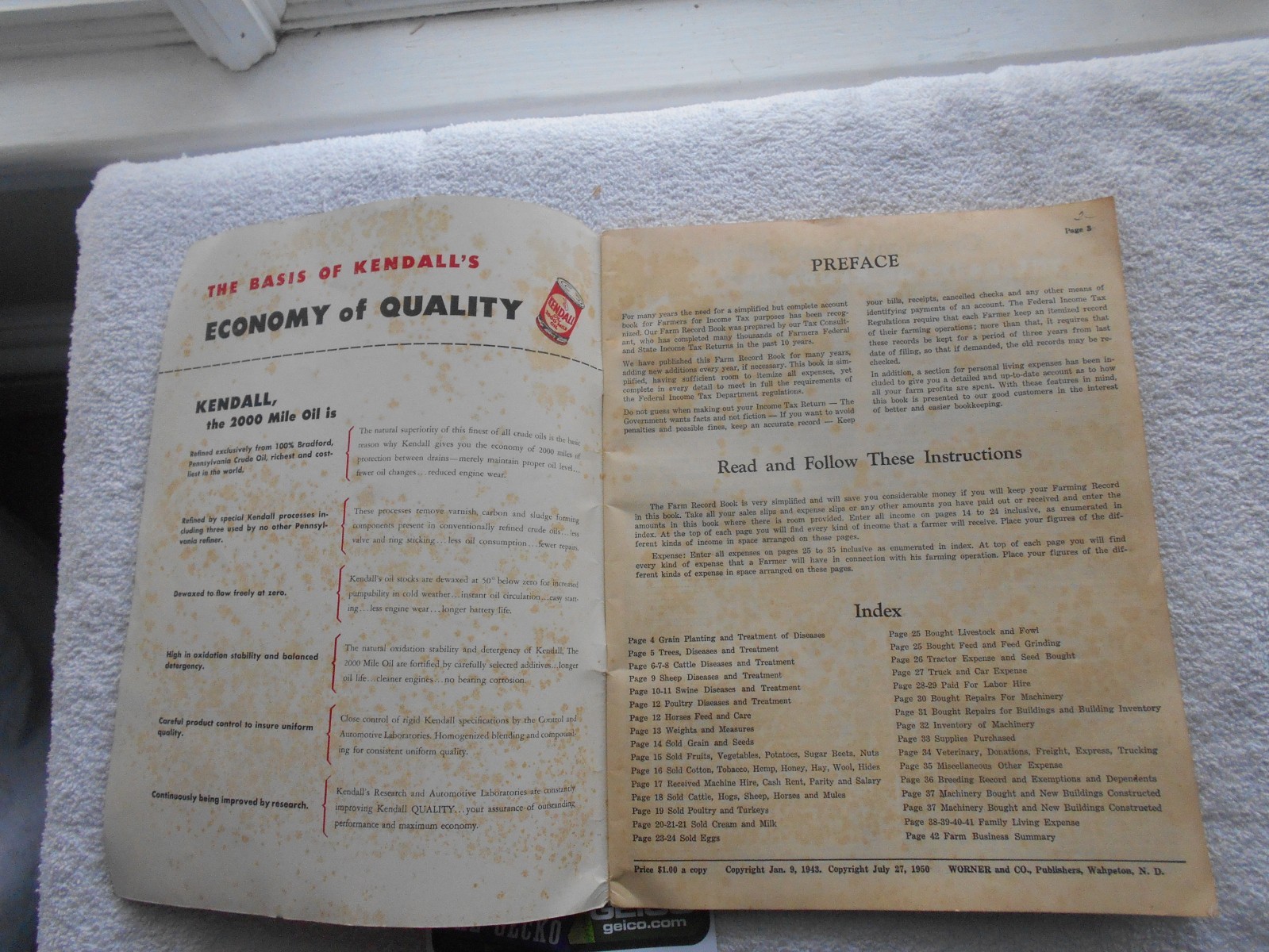 1950 KENDALL OIL CO. FARM RECORD BOOK-AGRICULTURE-42 PAGES