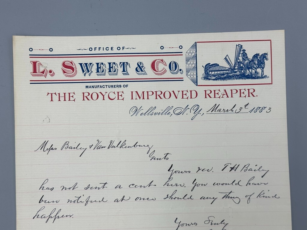 1883 ROYCE REAPER L Sweet Co FARM Advertising WELLSVILLE NY Antique Letterhead