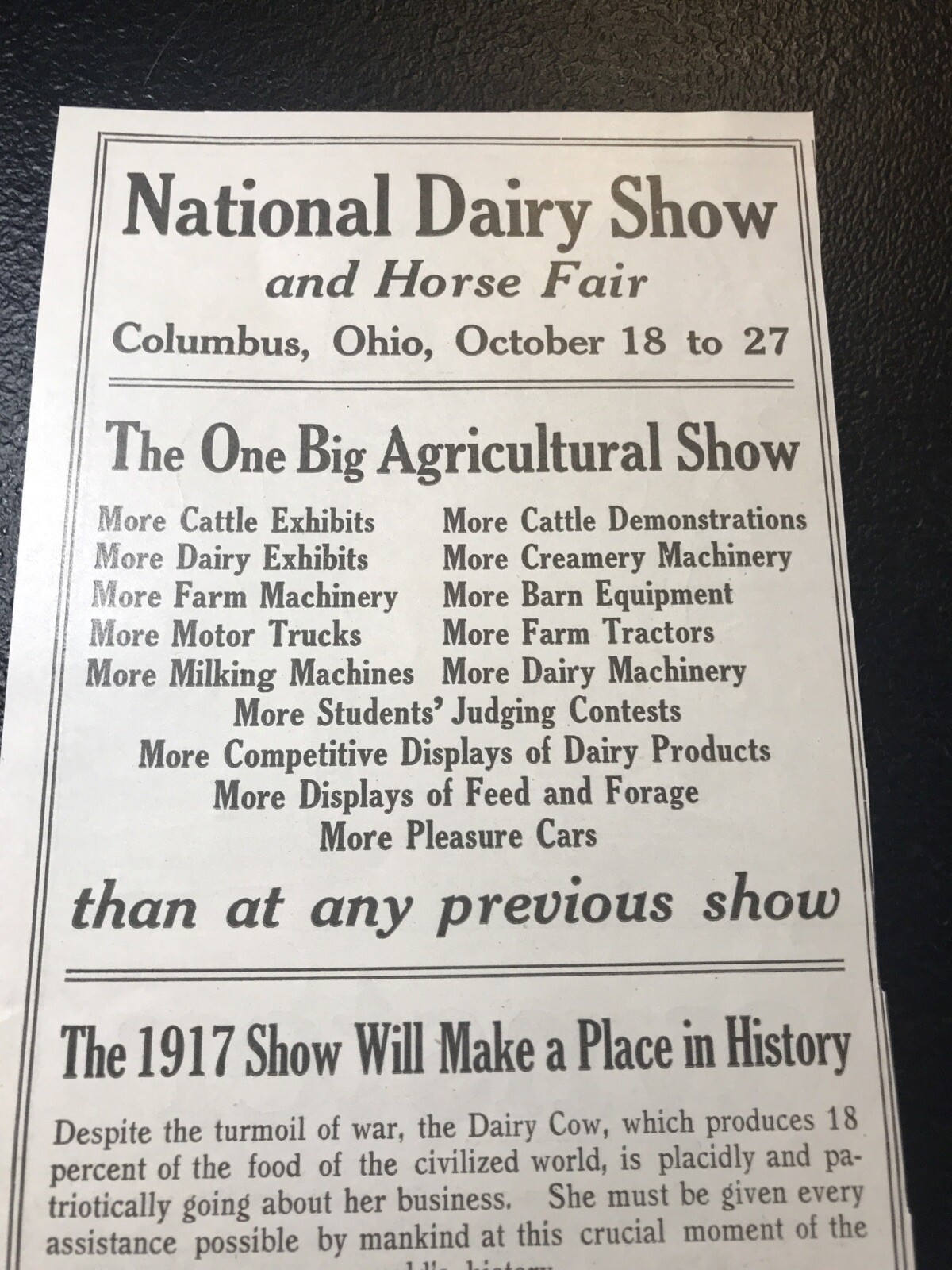 1917 National Dairy Show Advertising – Cattle & Horse – Columbus – Ohio – Cow