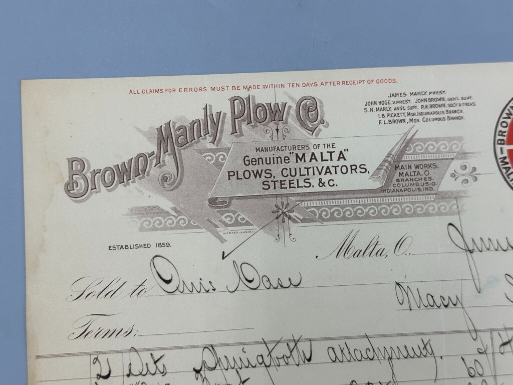 1895 BROWN MANLY PLOW Co FARM Advertising MALTA OHIO Invoice Antique