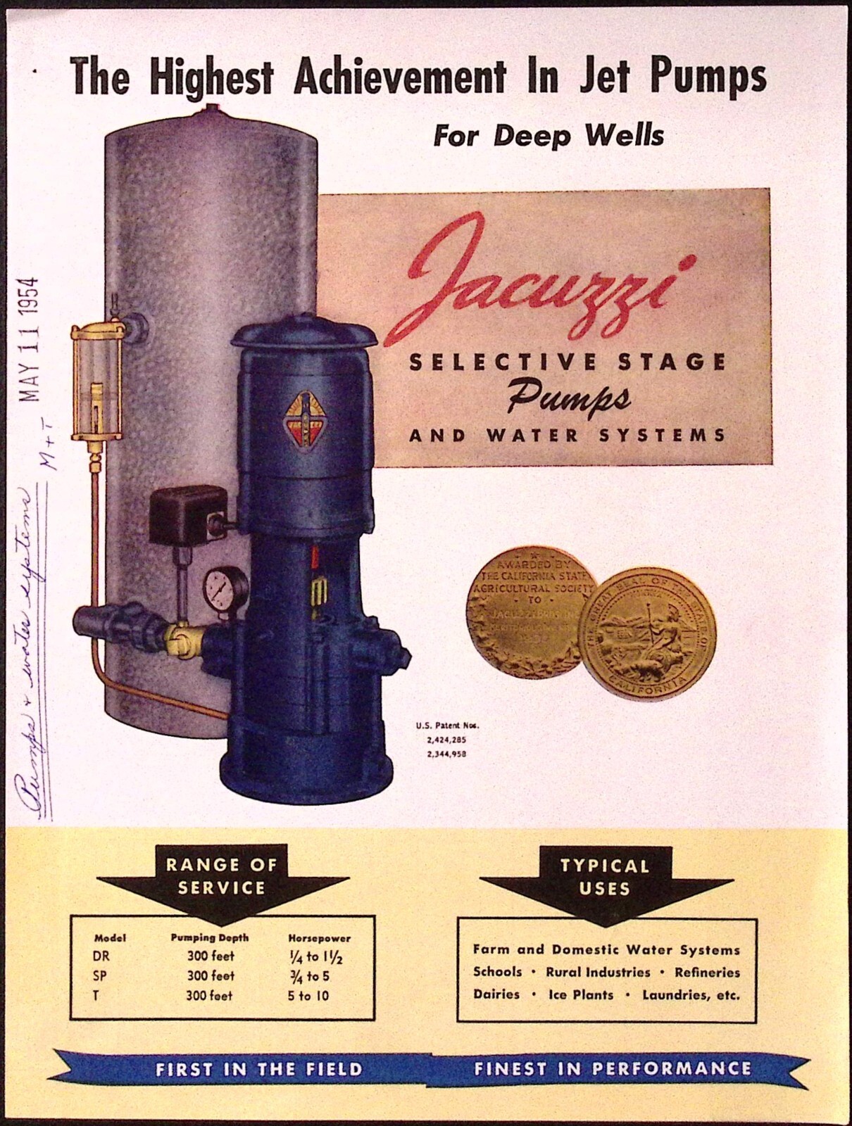 1954 Jacuzzi Selective Stage Pumps & Water Systems Jacuzzi Bros Binghamton NY