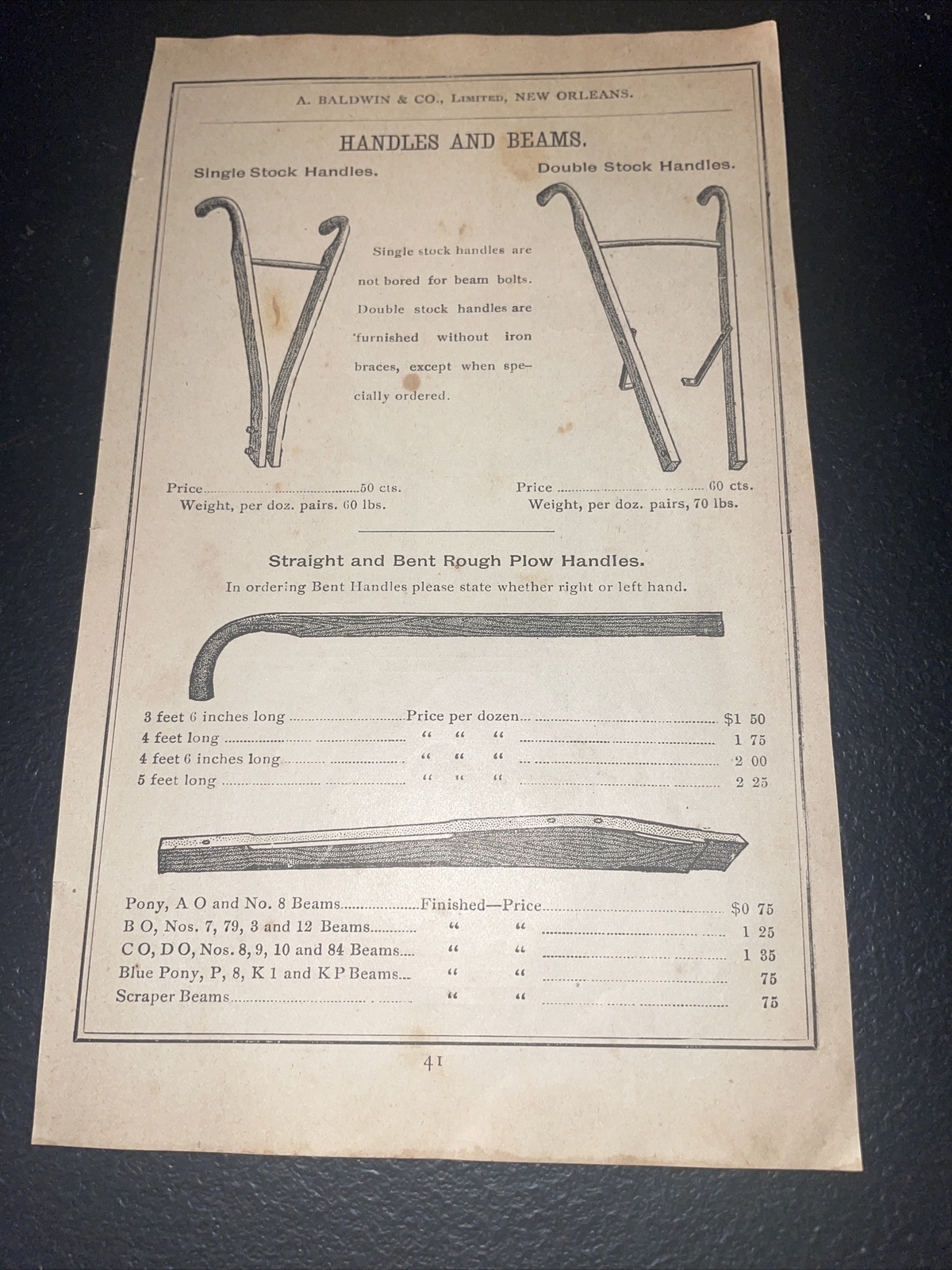 1891 Baldwin – Plow Handles Farm Advertising – New Orleans – Louisiana